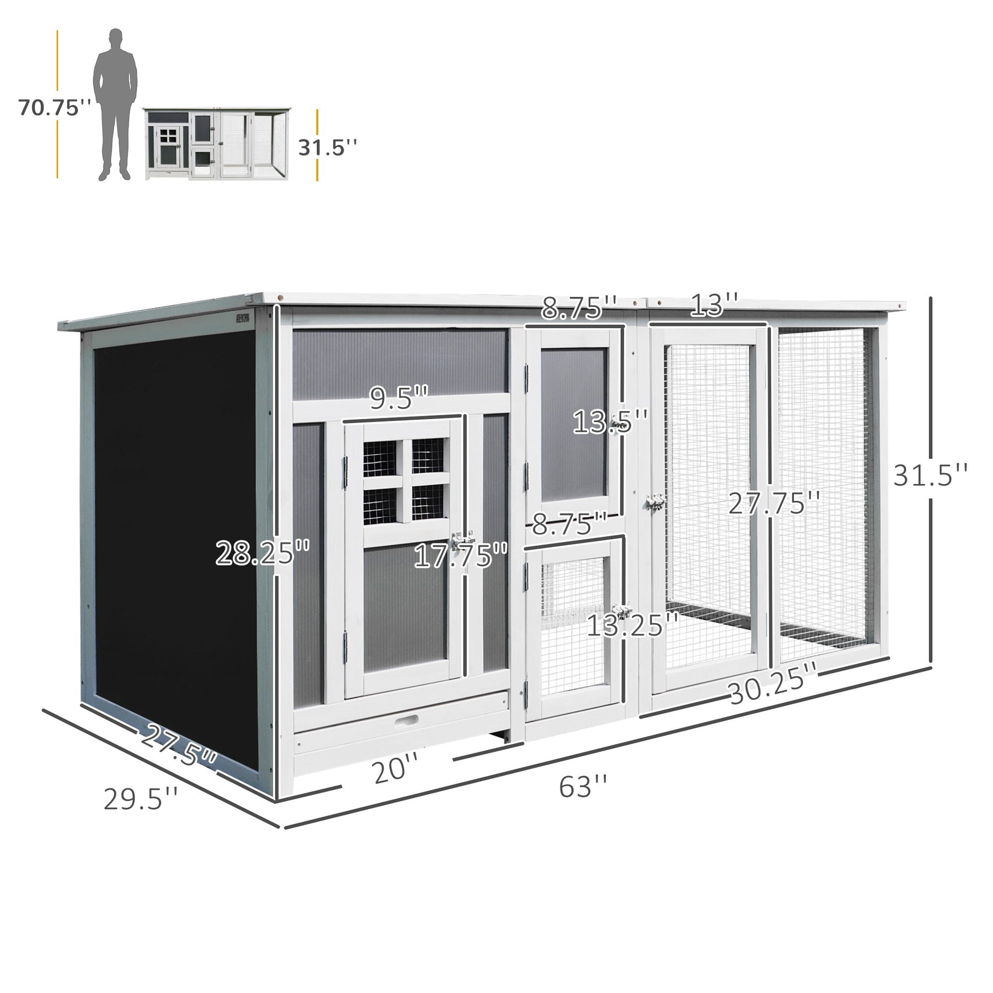 KFX-3204413 Wooden Chicken Coop with Run Box, Nesting Box, and Waterproof Roof for Up to 2 Chickens
