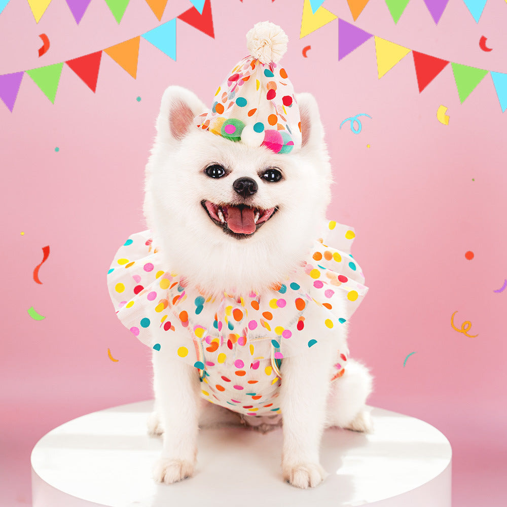KFX-3205565 Colorful Polka Dot Lace Dog Birthday Suit with Hat and Saliva Towel – Suitable for All Seasons and Sizes S to L