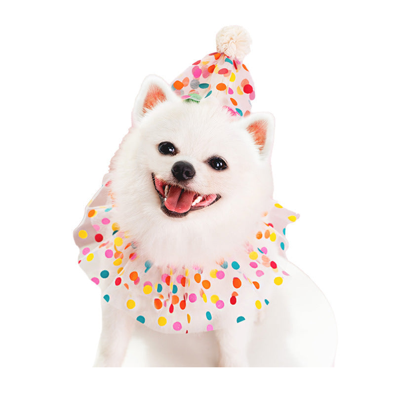 KFX-3205565 Colorful Polka Dot Lace Dog Birthday Suit with Hat and Saliva Towel – Suitable for All Seasons and Sizes S to L