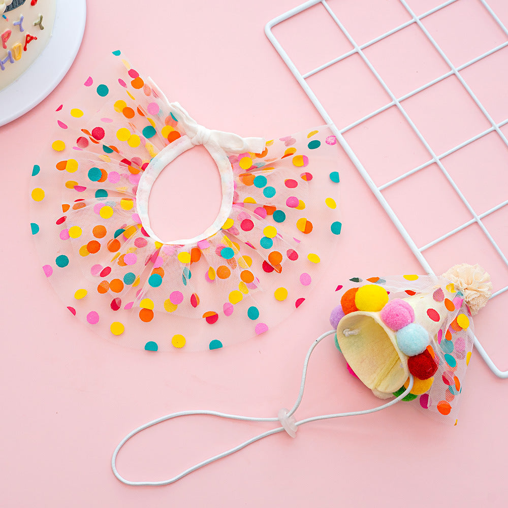 KFX-3205565 Colorful Polka Dot Lace Dog Birthday Suit with Hat and Saliva Towel – Suitable for All Seasons and Sizes S to L