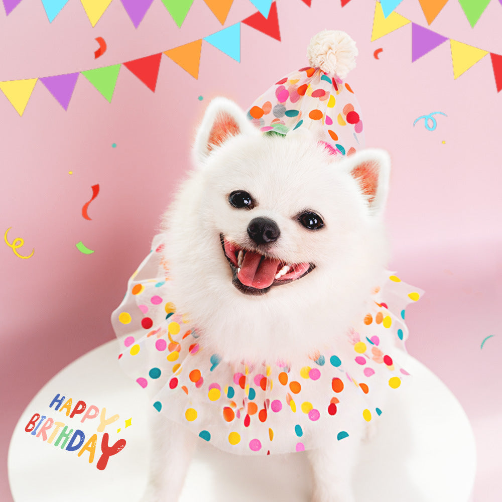 KFX-3205565 Colorful Polka Dot Lace Dog Birthday Suit with Hat and Saliva Towel – Suitable for All Seasons and Sizes S to L