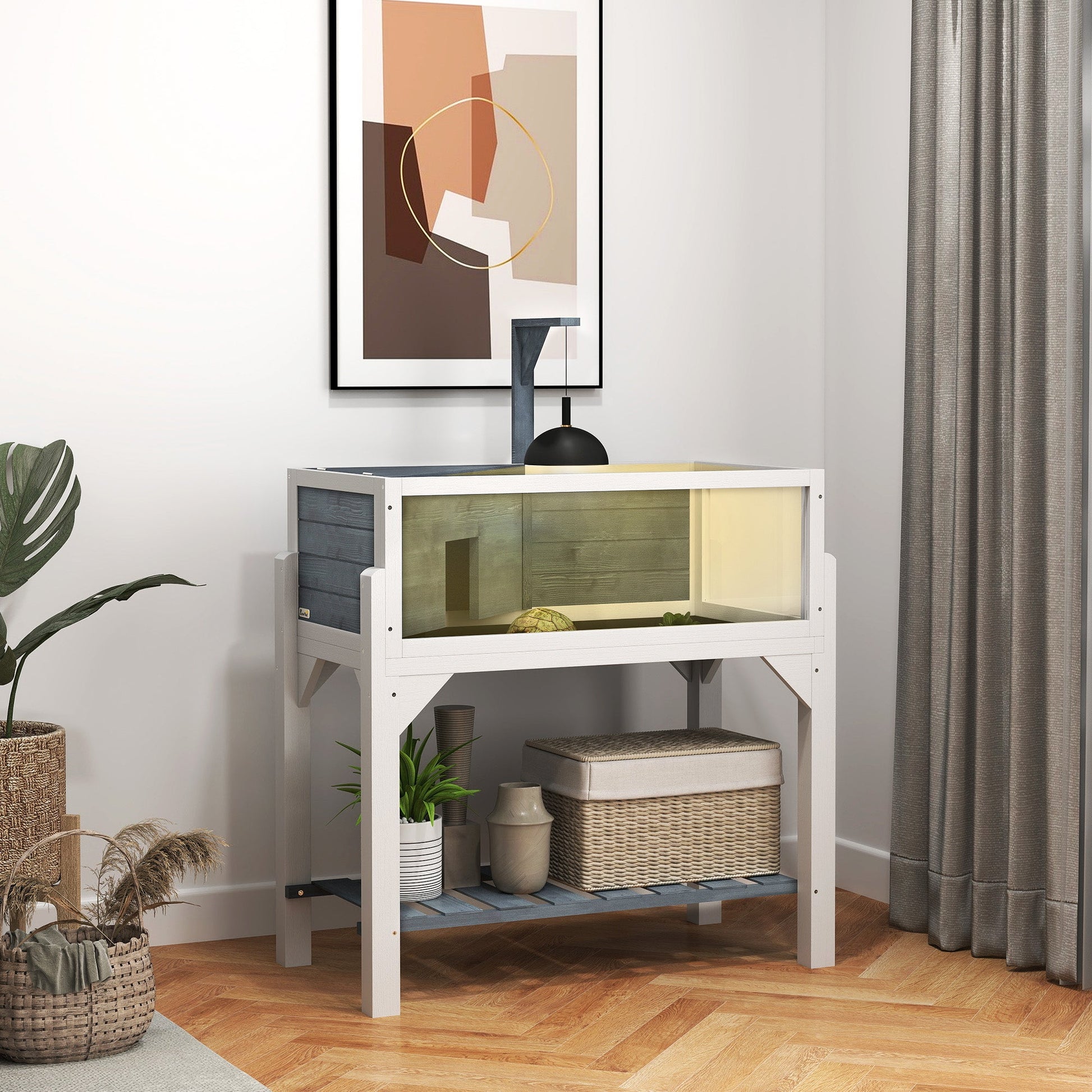 KFX-3210173 Gray Wooden Tortoise Habitat with Storage Shelf and Openable Top, Dual Compartment Enclosure with Clear Windows