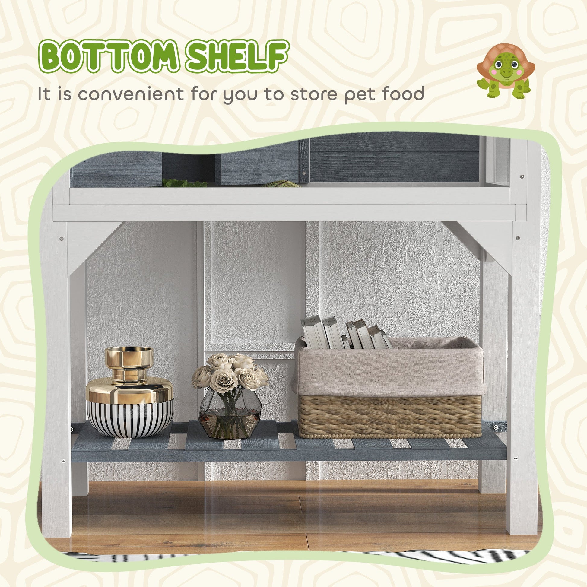 KFX-3210173 Gray Wooden Tortoise Habitat with Storage Shelf and Openable Top, Dual Compartment Enclosure with Clear Windows