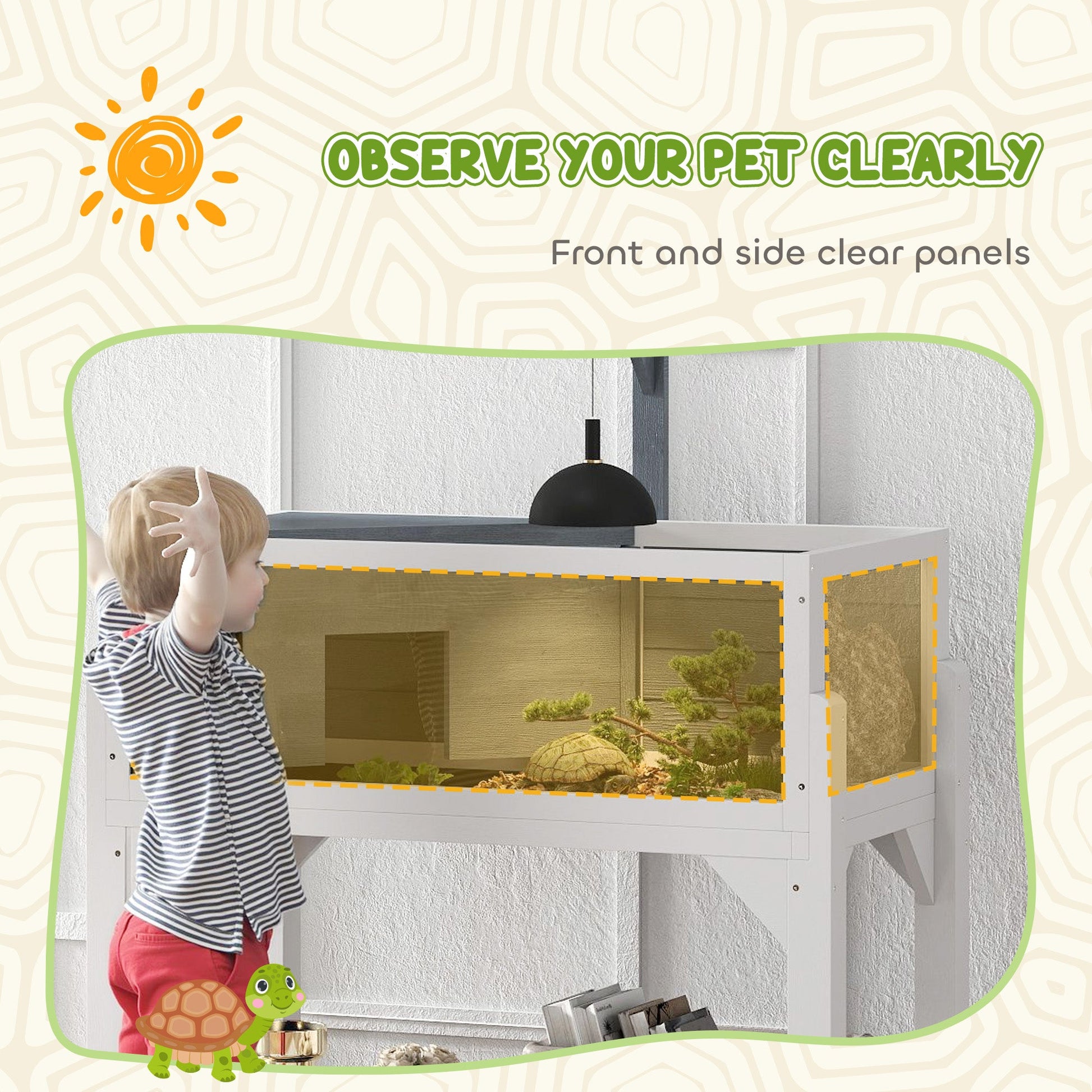 KFX-3210173 Gray Wooden Tortoise Habitat with Storage Shelf and Openable Top, Dual Compartment Enclosure with Clear Windows