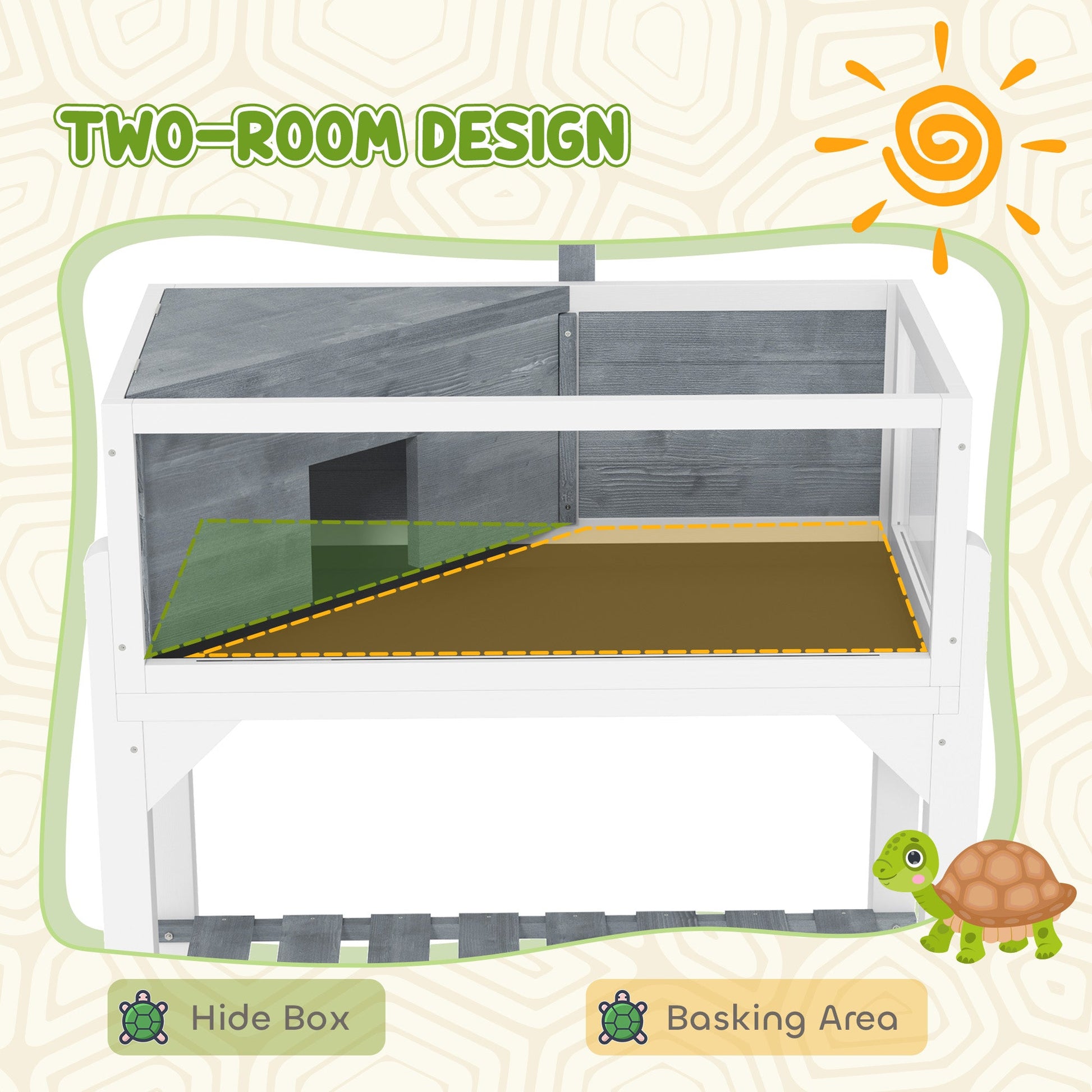 KFX-3210173 Gray Wooden Tortoise Habitat with Storage Shelf and Openable Top, Dual Compartment Enclosure with Clear Windows