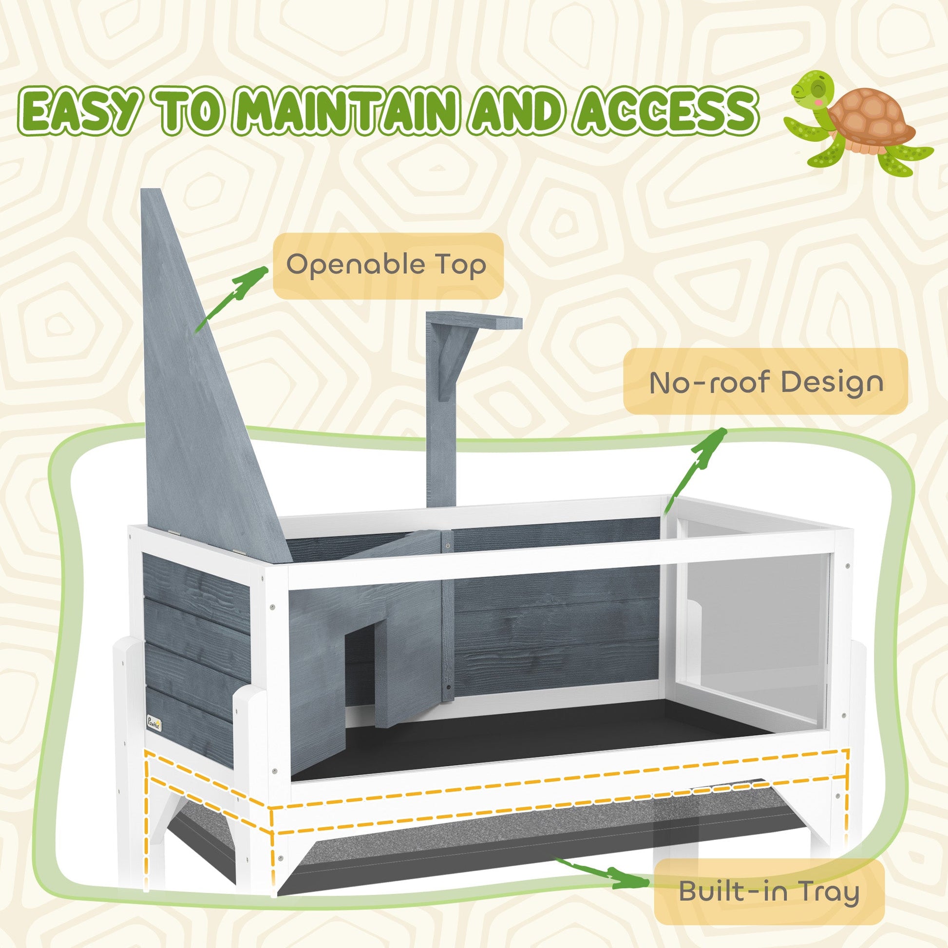 KFX-3210173 Gray Wooden Tortoise Habitat with Storage Shelf and Openable Top, Dual Compartment Enclosure with Clear Windows