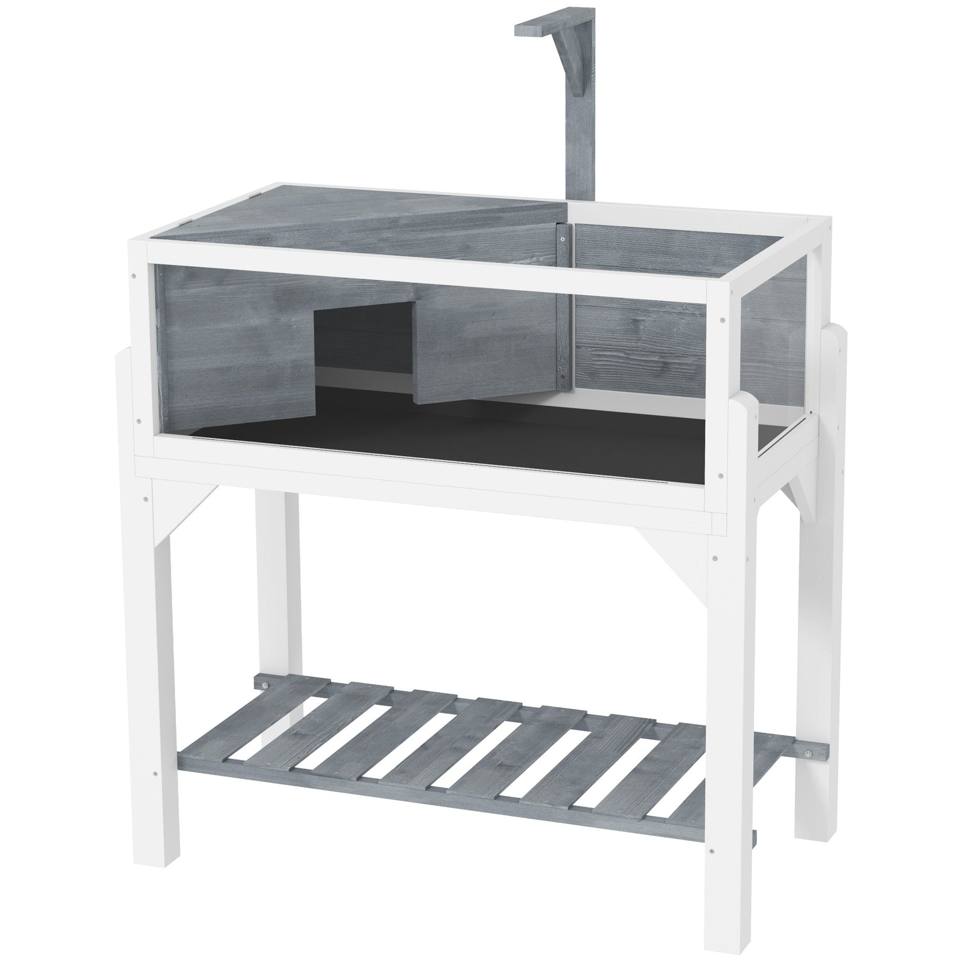 KFX-3210173 Gray Wooden Tortoise Habitat with Storage Shelf and Openable Top, Dual Compartment Enclosure with Clear Windows