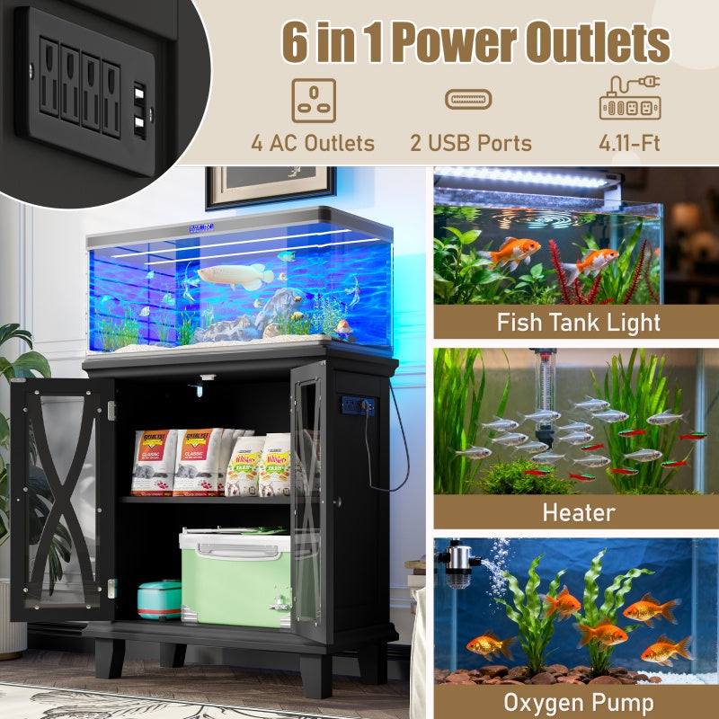 KFX-3215549 20-Gallon Aquarium Rack with Adjustable Shelves, 4 AC and 2 USB Outlets, Farmhouse Design with Storage Cabinet