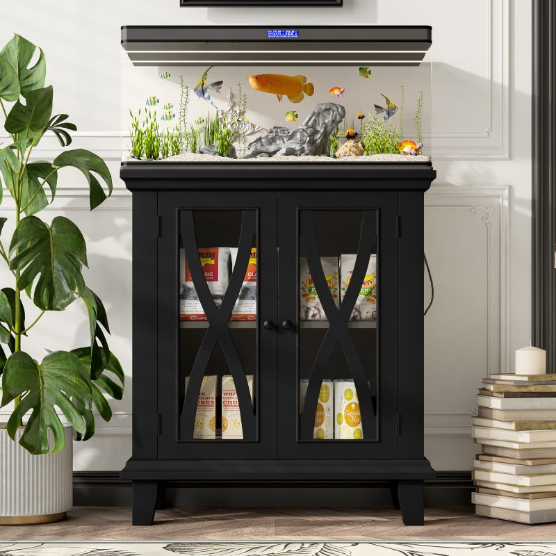 KFX-3215549 20-Gallon Aquarium Rack with Adjustable Shelves, 4 AC and 2 USB Outlets, Farmhouse Design with Storage Cabinet