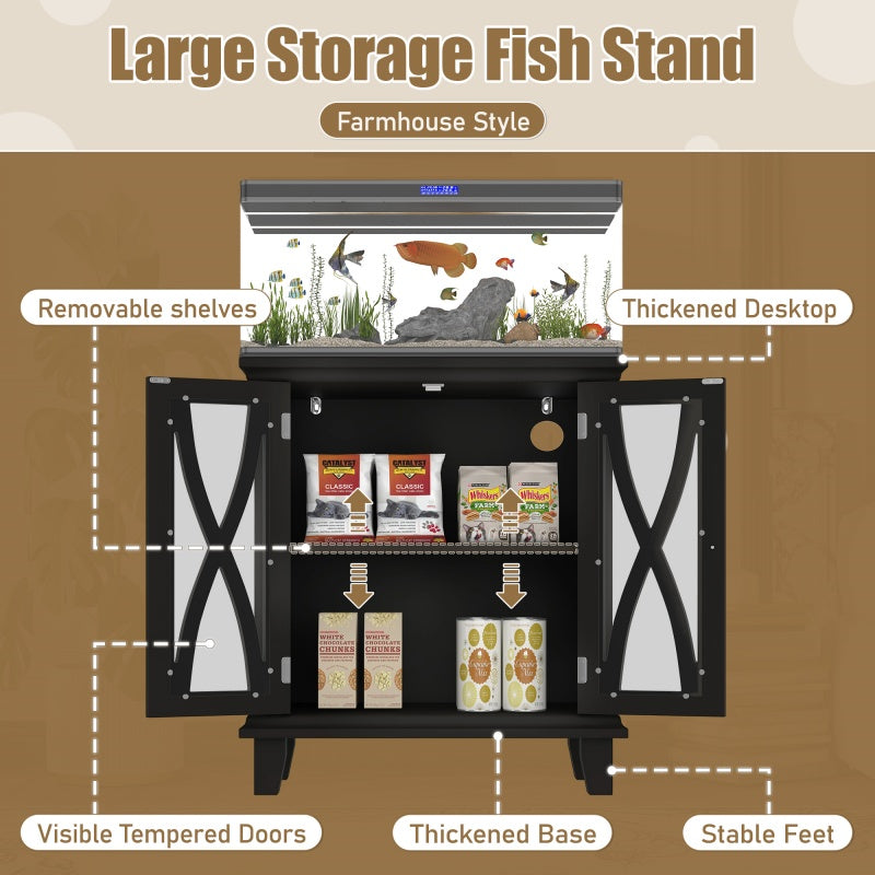 KFX-3215549 20-Gallon Aquarium Rack with Adjustable Shelves, 4 AC and 2 USB Outlets, Farmhouse Design with Storage Cabinet