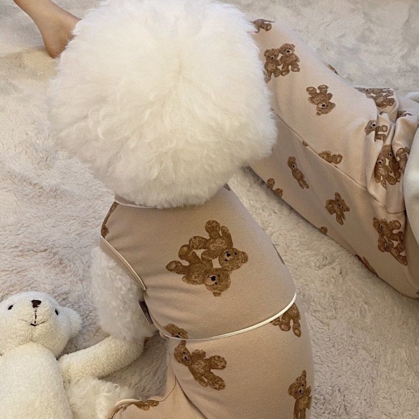 KFX-3220413 Cozy Bear One-Piece Jumpsuit for Dogs - Milky White & Brown, Pure Cotton, Sizes S to 2XL