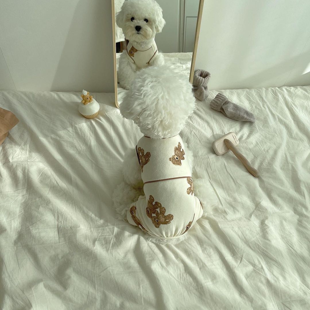 KFX-3220413 Cozy Bear One-Piece Jumpsuit for Dogs - Milky White & Brown, Pure Cotton, Sizes S to 2XL