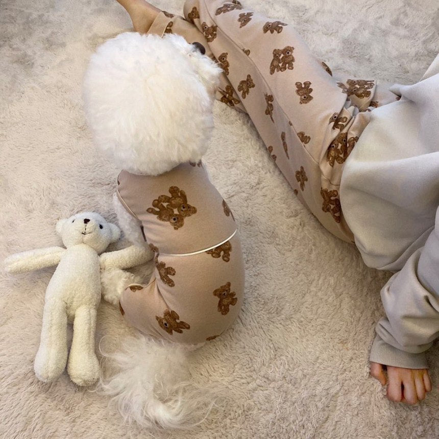 KFX-3220413 Cozy Bear One-Piece Jumpsuit for Dogs - Milky White & Brown, Pure Cotton, Sizes S to 2XL