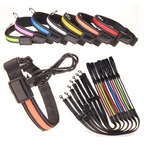 KFX-3223997 Solar and USB Rechargeable LED Dog Collar - Adjustable Nylon Pet Collar with Bright, Soft Light