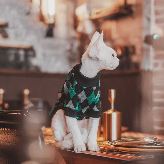 KFX-3225789 Cotton Plaid Long-Sleeved Sweater for Hairless Cats in Green, Multiple Sizes Available