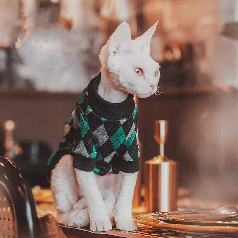 KFX-3225789 Cotton Plaid Long-Sleeved Sweater for Hairless Cats in Green, Multiple Sizes Available