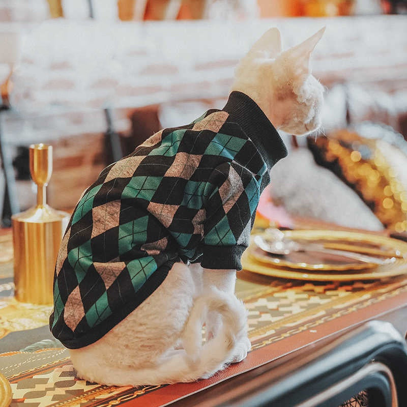KFX-3225789 Cotton Plaid Long-Sleeved Sweater for Hairless Cats in Green, Multiple Sizes Available