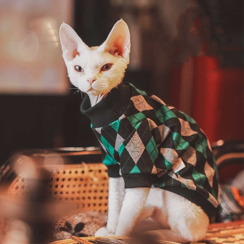 KFX-3225789 Cotton Plaid Long-Sleeved Sweater for Hairless Cats in Green, Multiple Sizes Available
