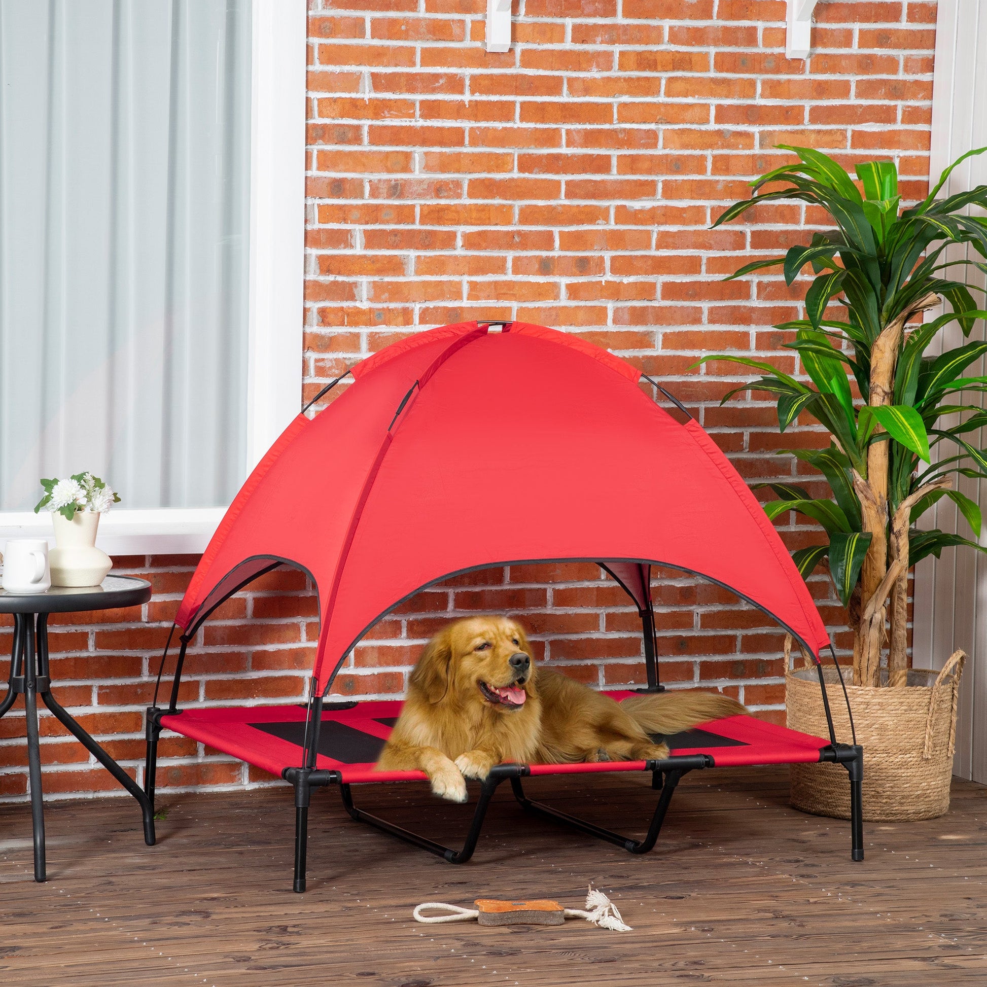 KFX-3226429 Elevated Portable Dog Cot with UV Shade Canopy, Red, 48" x 36"