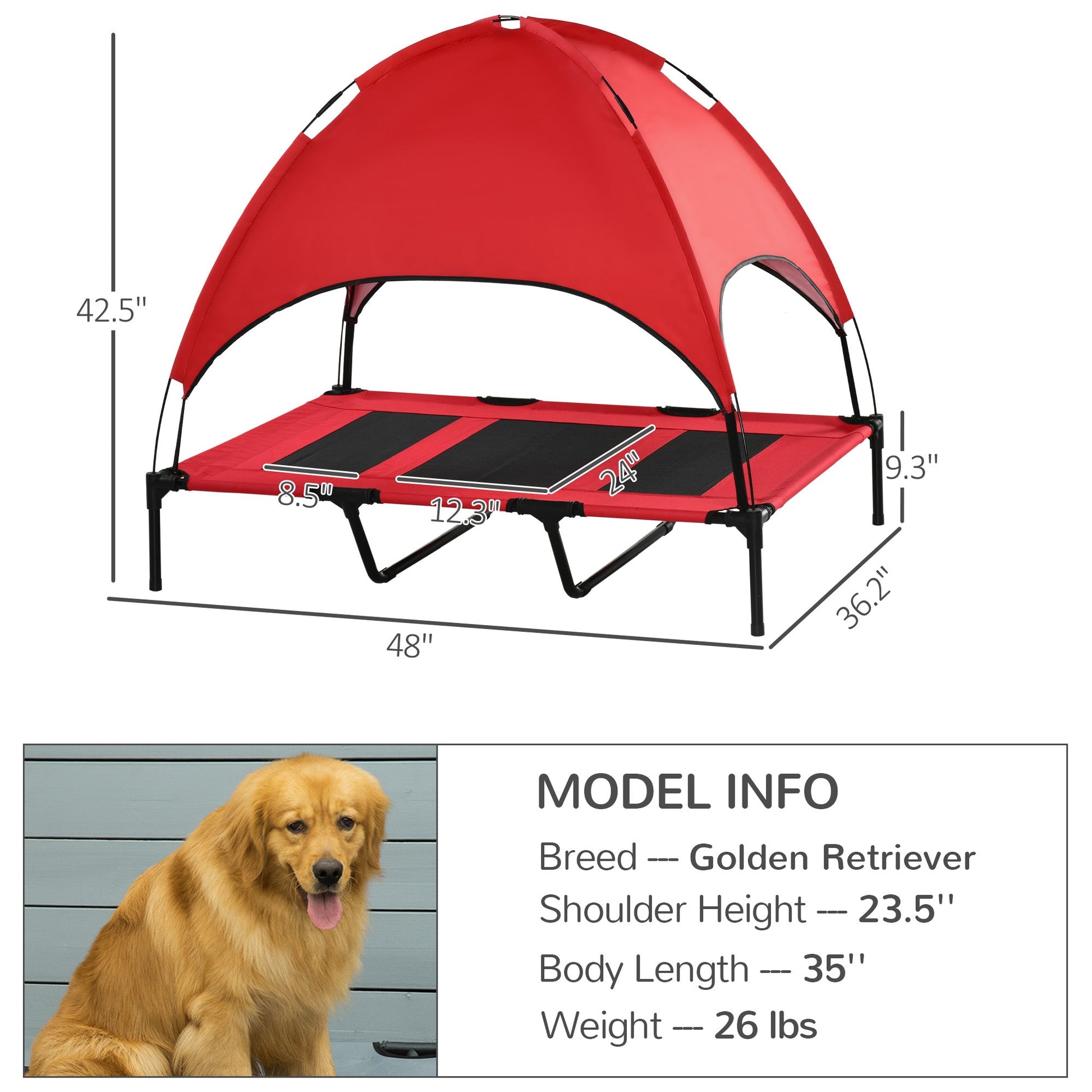 KFX-3226429 Elevated Portable Dog Cot with UV Shade Canopy, Red, 48" x 36"