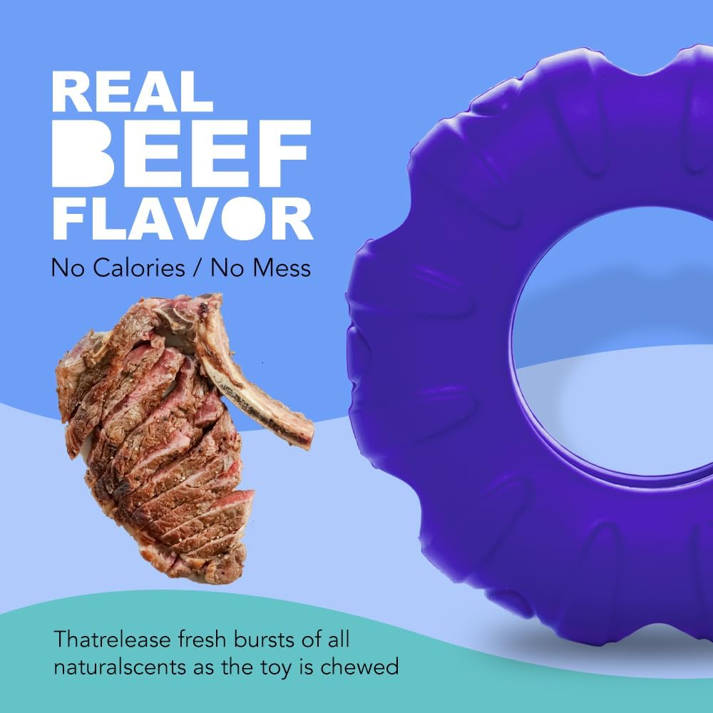 KFX-3231037 Durable Natural Rubber Tire-Shaped Dog Chew Toy with Beef Flavor and Treat Dispenser for Medium to Large Dogs