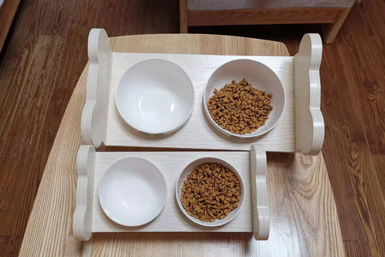 KFX-3233725 Tilted Solid Wood Double Bowl Pet Feeder with Ceramic Bowls and Neck Guard