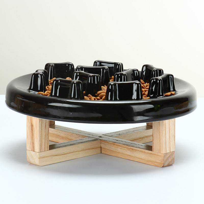 KFX-3233725 Tilted Solid Wood Double Bowl Pet Feeder with Ceramic Bowls and Neck Guard