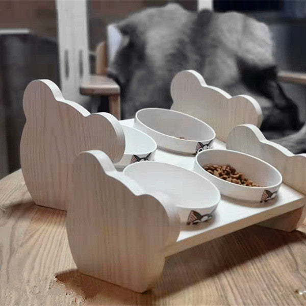 KFX-3233725 Tilted Solid Wood Double Bowl Pet Feeder with Ceramic Bowls and Neck Guard