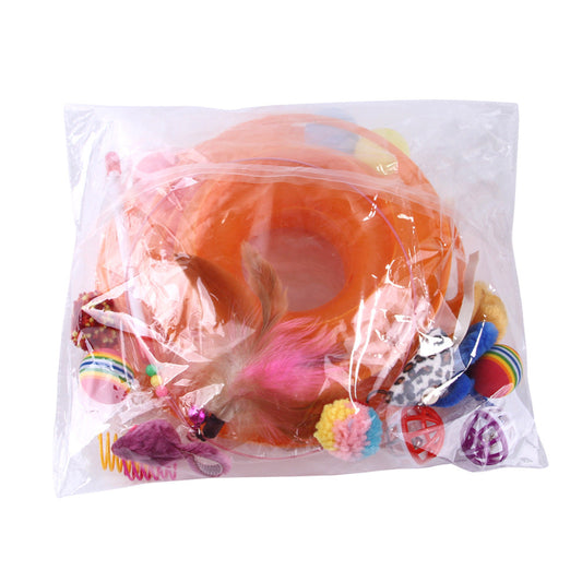 KFX-3234365 Interactive Cat Toy Set with Turntable, Feather, and Soft Materials - Orange & Green