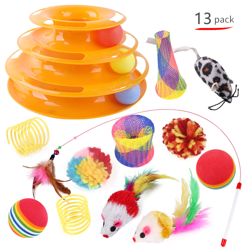 KFX-3234365 Interactive Cat Toy Set with Turntable, Feather, and Soft Materials - Orange & Green