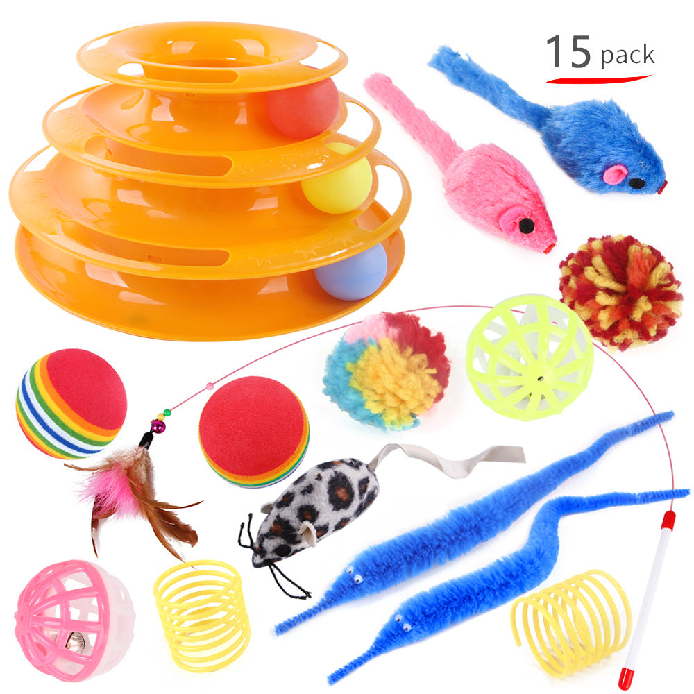 KFX-3234365 Interactive Cat Toy Set with Turntable, Feather, and Soft Materials - Orange & Green