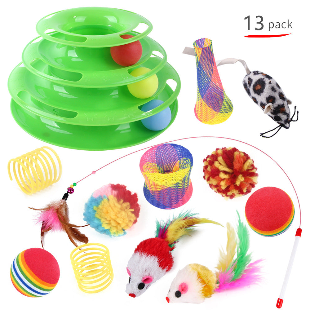 KFX-3234365 Interactive Cat Toy Set with Turntable, Feather, and Soft Materials - Orange & Green