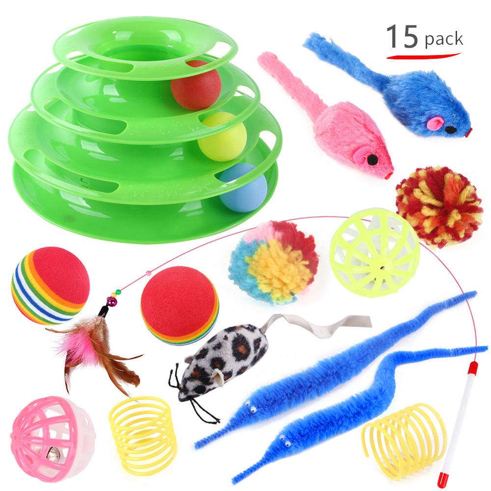 KFX-3234365 Interactive Cat Toy Set with Turntable, Feather, and Soft Materials - Orange & Green