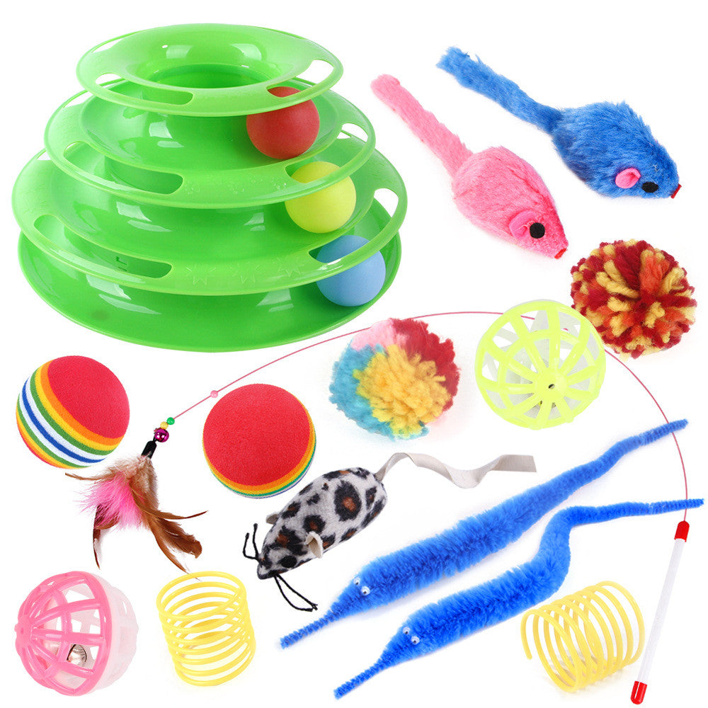 KFX-3234365 Interactive Cat Toy Set with Turntable, Feather, and Soft Materials - Orange & Green