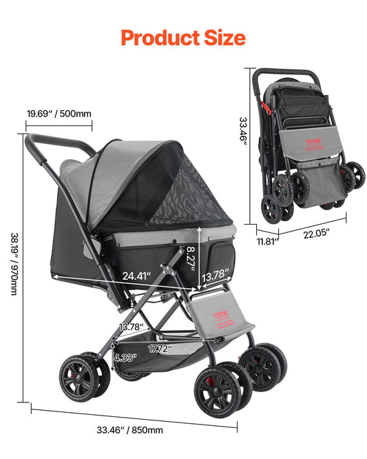 KFX-3235773 Foldable 4-Wheel Pet Stroller with Reversible Handle - Supports Pets Up to 44lbs