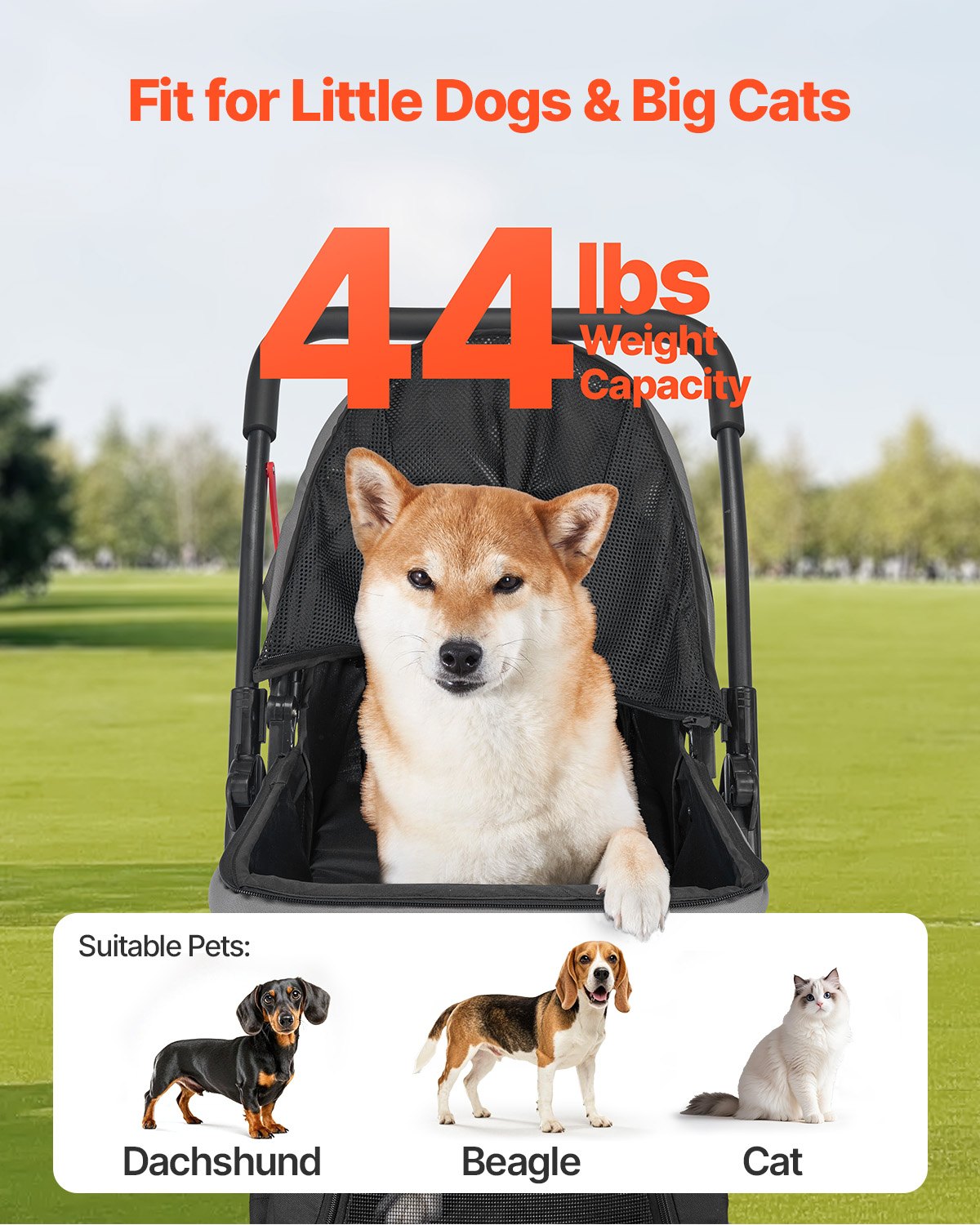 KFX-3235773 Foldable 4-Wheel Pet Stroller with Reversible Handle - Supports Pets Up to 44lbs