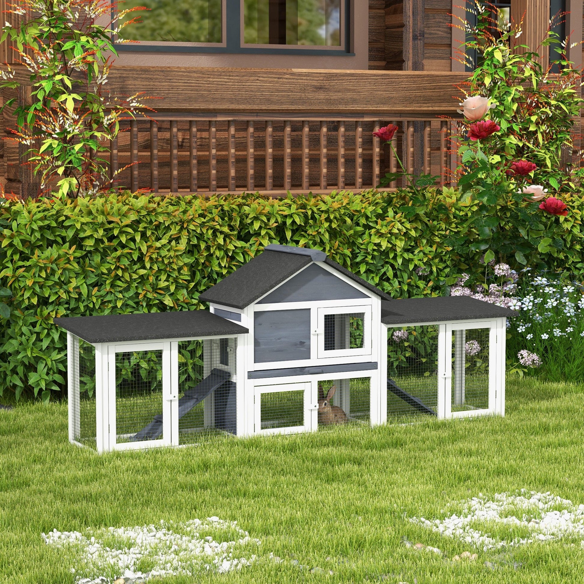 KFX-3237181 Deluxe 2-Story Wooden Rabbit Hutch with Ramp, Run and Removable Tray - Dark Gray