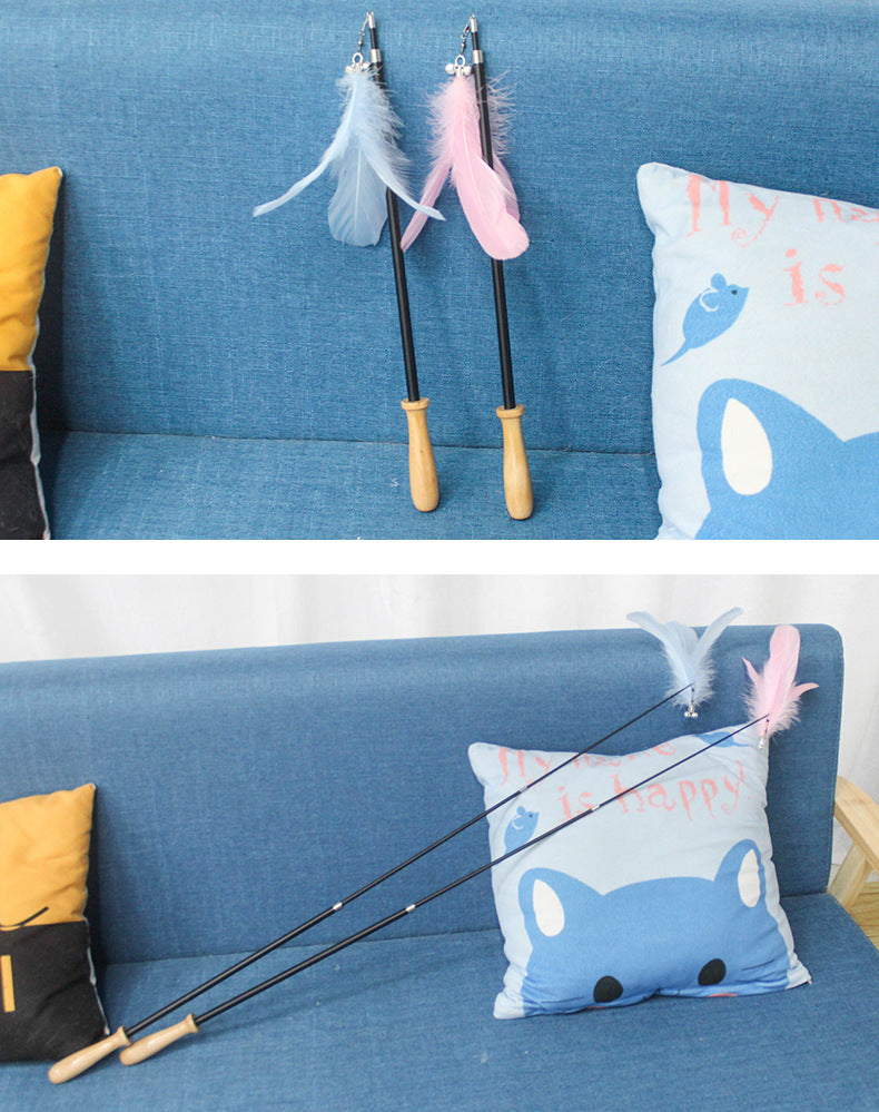 KFX-3240125 Retractable Funny Cat Toy with Feather and Wooden Handle - Adjustable 42-93cm