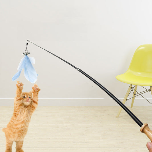KFX-3240125 Retractable Funny Cat Toy with Feather and Wooden Handle - Adjustable 42-93cm