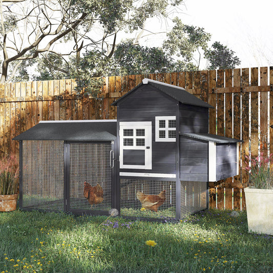 KFX-3242941 84" Gray Wooden Chicken Coop with Run, Nesting Box, Removable Tray & Ramp for Up to 3 Chickens