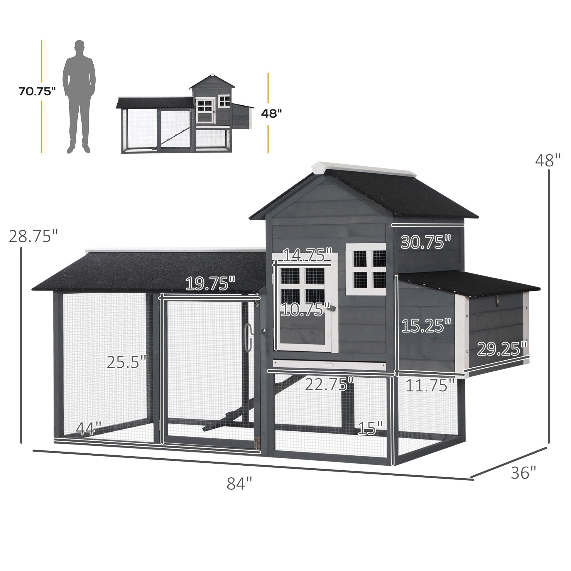 KFX-3242941 84" Gray Wooden Chicken Coop with Run, Nesting Box, Removable Tray & Ramp for Up to 3 Chickens