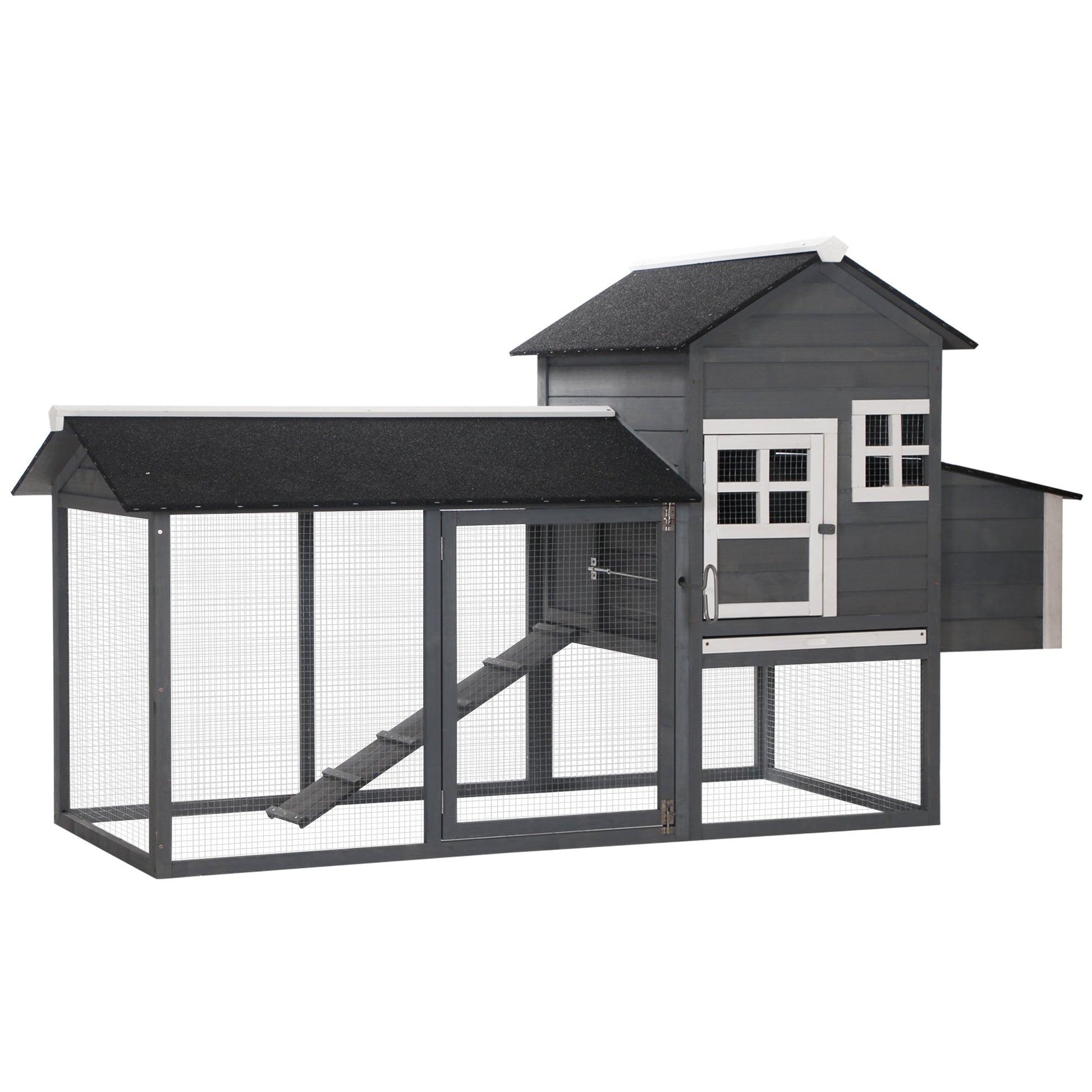 KFX-3242941 84" Gray Wooden Chicken Coop with Run, Nesting Box, Removable Tray & Ramp for Up to 3 Chickens