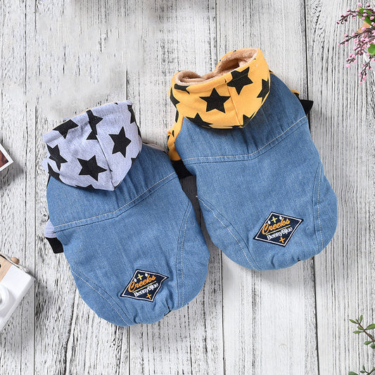 KFX-3243709 Reversible Denim Pet Jacket - Autumn/Winter Fashion in Yellow and Grey, Sizes XS to 2L