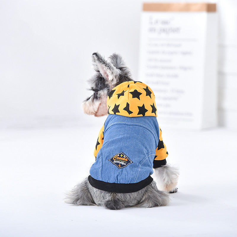 KFX-3243709 Reversible Denim Pet Jacket - Autumn/Winter Fashion in Yellow and Grey, Sizes XS to 2L