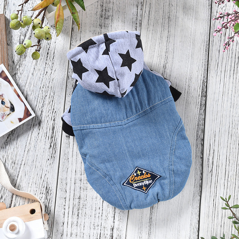 KFX-3243709 Reversible Denim Pet Jacket - Autumn/Winter Fashion in Yellow and Grey, Sizes XS to 2L