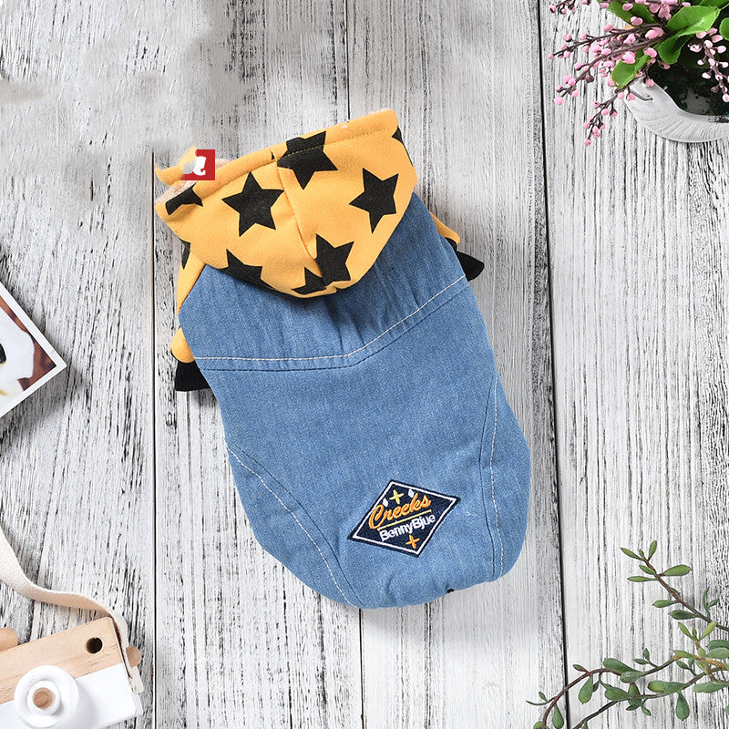 KFX-3243709 Reversible Denim Pet Jacket - Autumn/Winter Fashion in Yellow and Grey, Sizes XS to 2L