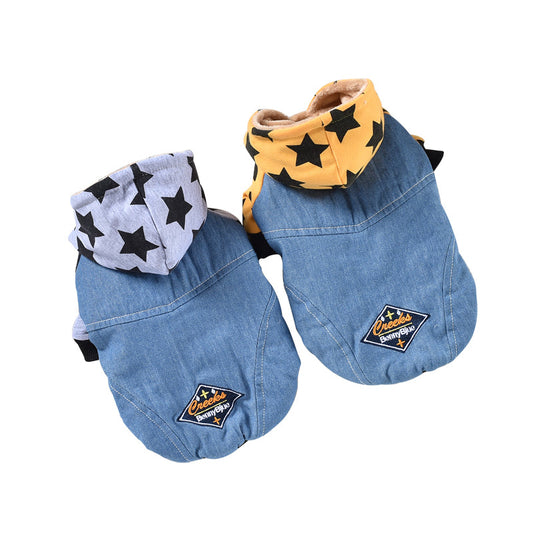 KFX-3243709 Reversible Denim Pet Jacket - Autumn/Winter Fashion in Yellow and Grey, Sizes XS to 2L