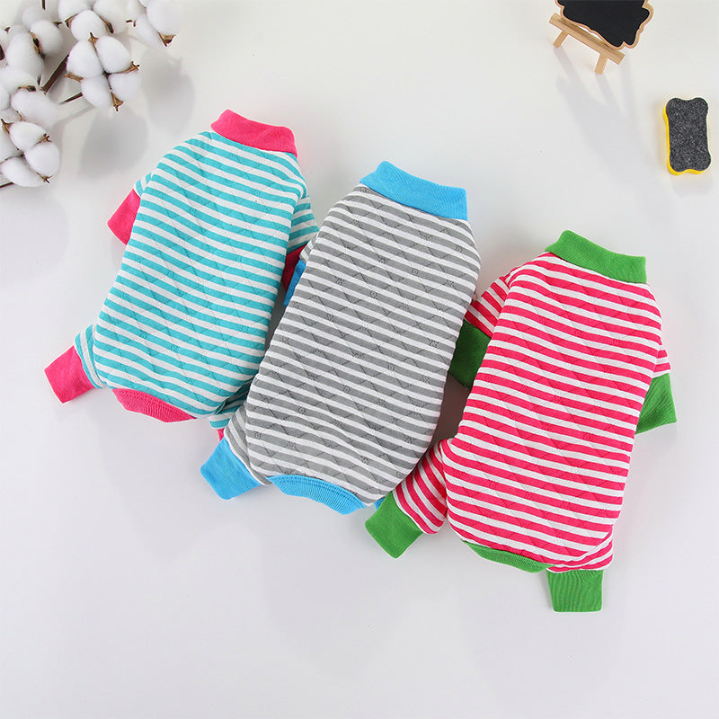 KFX-3247421 Striped Cotton Winter Coat for Dogs - Four-Legged Fashion in Red, Grey, and Blue