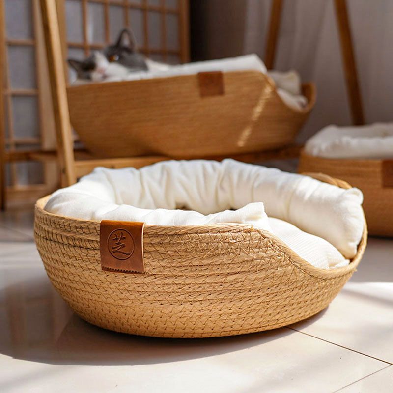 KFX-3249085 Rattan Cat Bed with Detachable Double-Sided Velvet and Ice Pad Options, Sizes S, M, L