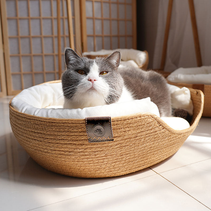 KFX-3249085 Rattan Cat Bed with Detachable Double-Sided Velvet and Ice Pad Options, Sizes S, M, L